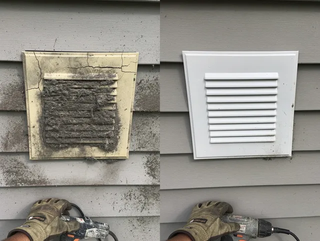 Clinton Dryer Vent Cleaning technician installing high-quality dryer vent cover at a residential property in Clinton