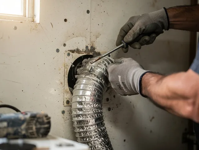 Clinton Dryer Vent Cleaning technician performing precise dryer vent hose installation in Clinton